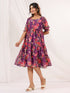 Janasya Women's Purple Georgette Floral Printed Tiered Dress